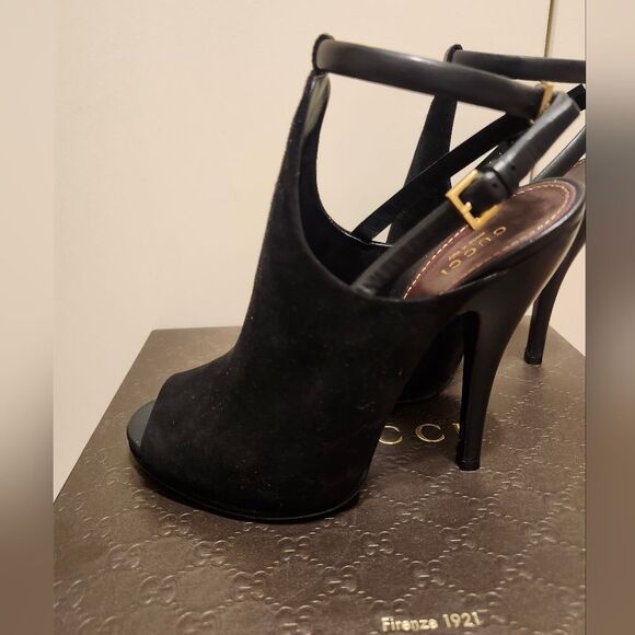 NIB Gucci Blck Suede/Leather Peep Toe Slingback Ankle Strap Pumps Sz.8/38.5 $995 - Picture 3 of 12